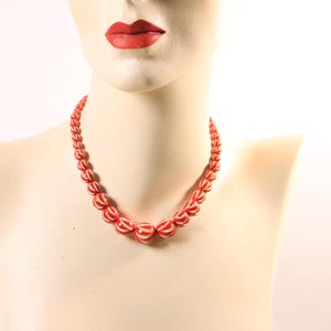1920s Red and Cream Off White Carved French Galalith Beaded Necklace