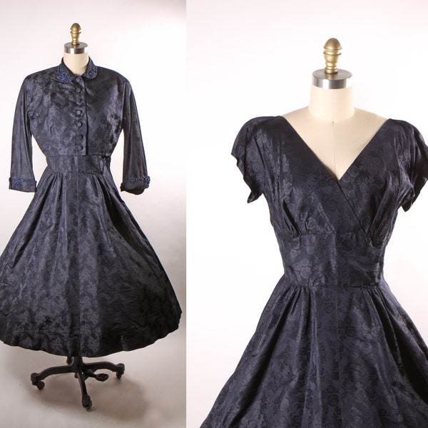 1950s Dark Navy Blue Floral Brocade Short Sleeve Fit and Flare Dress with Matching Beaded 3/4 Length Sleeve Jacket -M