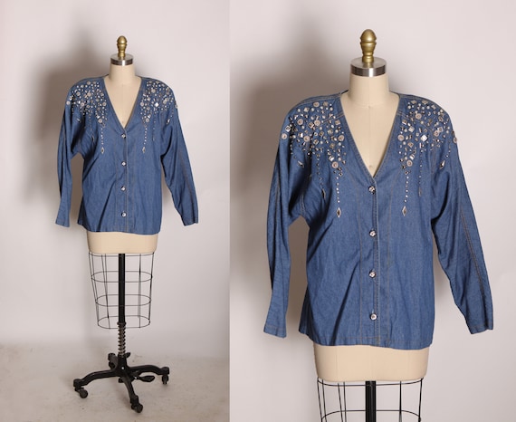 1980s Blue Denim Long Sleeve Bedazzled Rhinestone Bling Button Up Blouse by Cache -XL