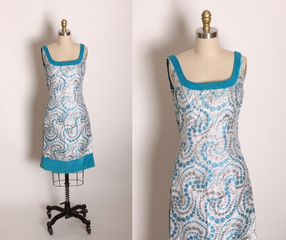 1960s Turquoise Blue and Silver Metallic Sleeveless Velvet Trim Abstract Atomic Swirl Mod Go Go Dress -S