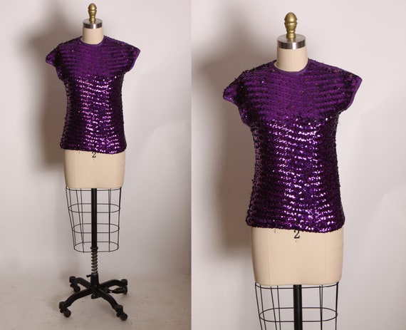 1960s Purple Sequin Short Sleeve Stretch Costume Blouse -S