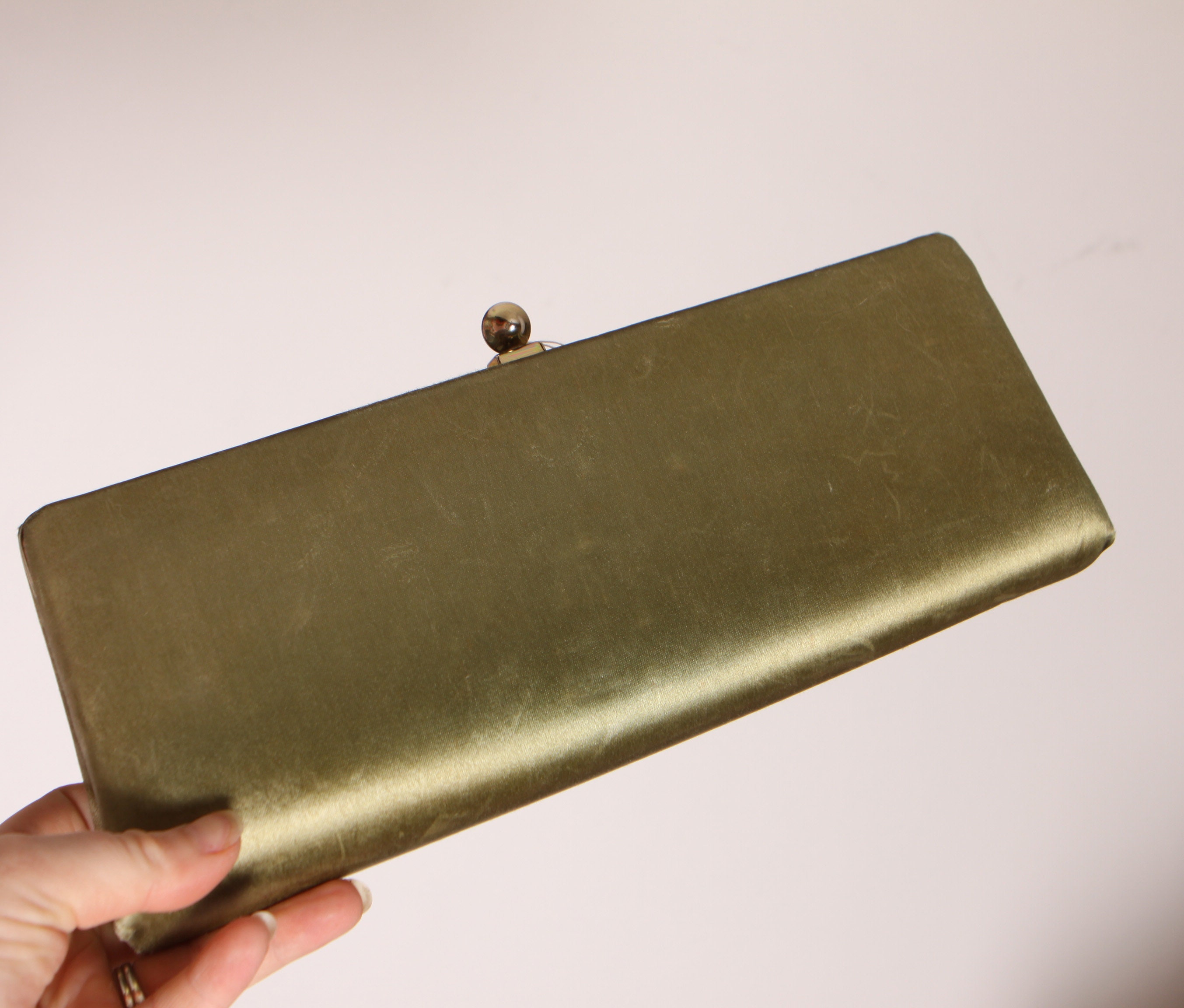 1950s Olive Green Satin Gold Tone Clasp Clutch Handbag