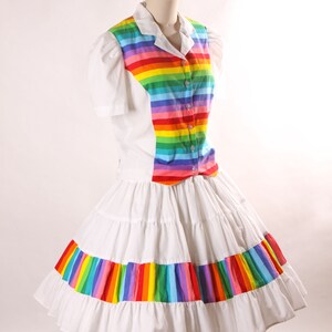 1980s White and Rainbow Print Short Sleeve Button Up Blouse with Matching Square Dance Skirt Two Piece Outfit L image 5