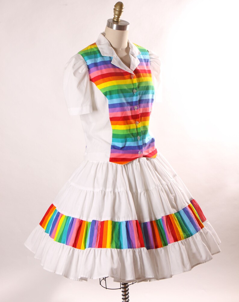 1980s White and Rainbow Print Short Sleeve Button Up Blouse with Matching Square Dance Skirt Two Piece Outfit L image 5