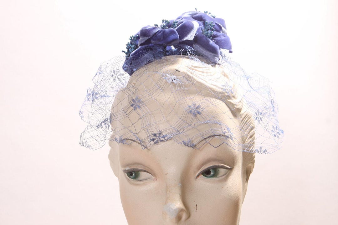 vintage style blue fascinator velvet flower 1950s style millinery hat with veil Beautiful Sky Blue Velvet Vintage Hat by June Dressler With  main image 2