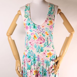 1980s White and Multi-Colored Floral Wide Strap Drop Waist One Piece Jumpsuit -L-XL