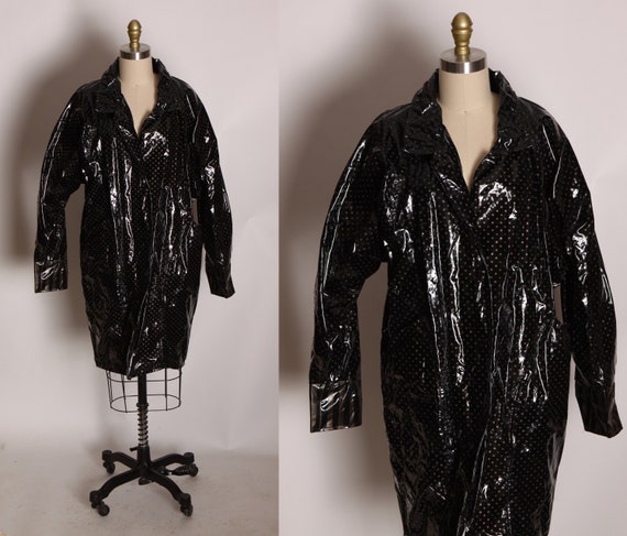 1980s Black and Gold Vinyl Long Sleeve Polka Dot and Striped Raincoat by Kenn Sporn for Wippette