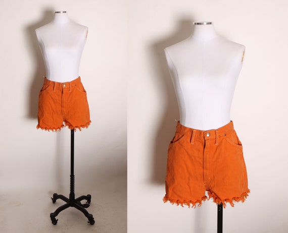 1970s Orange Denim Cut Off Fringe Frayed High Waisted Shorts by Wrangler -M