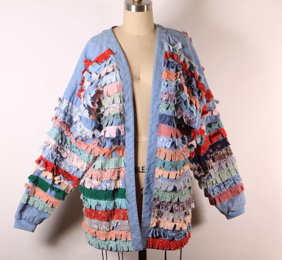 1980s Blue Chambray Multi-Colored Patchwork Quilt… - image 3
