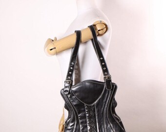 Early 2000s Y2K Black Vinyl Corset Lace up Buckle Purse by Demonia