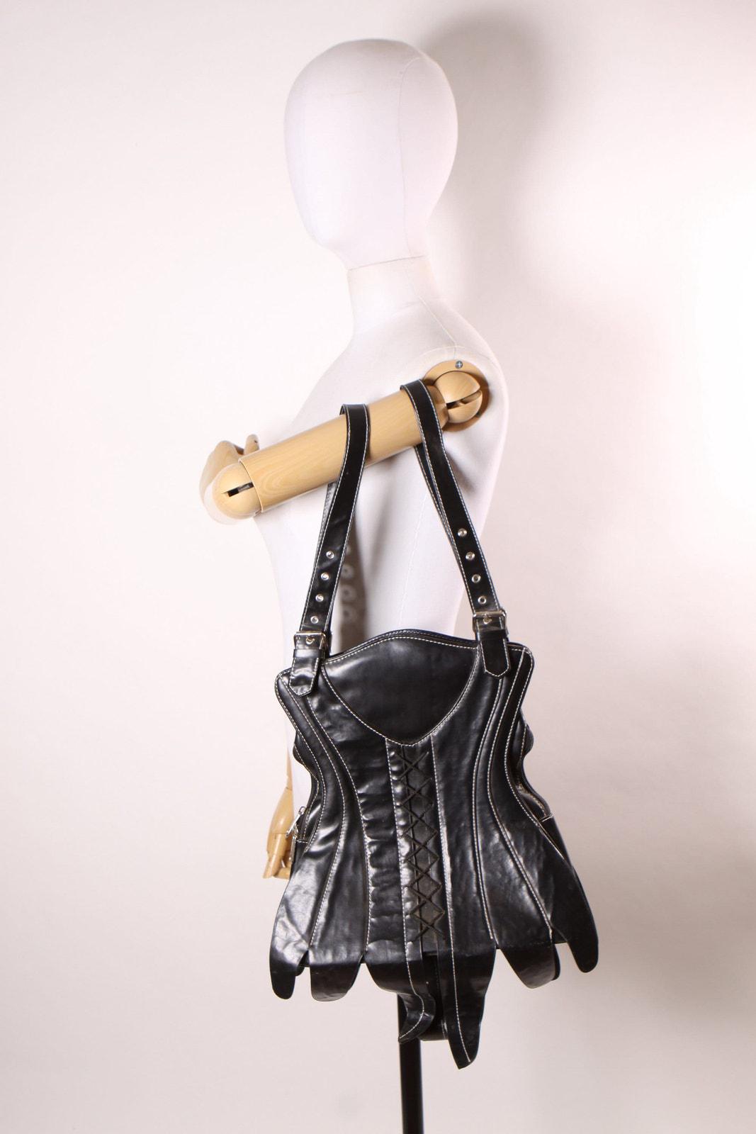 Early 2000s Y2K Black Vinyl Corset Lace up Buckle Purse by Demonia