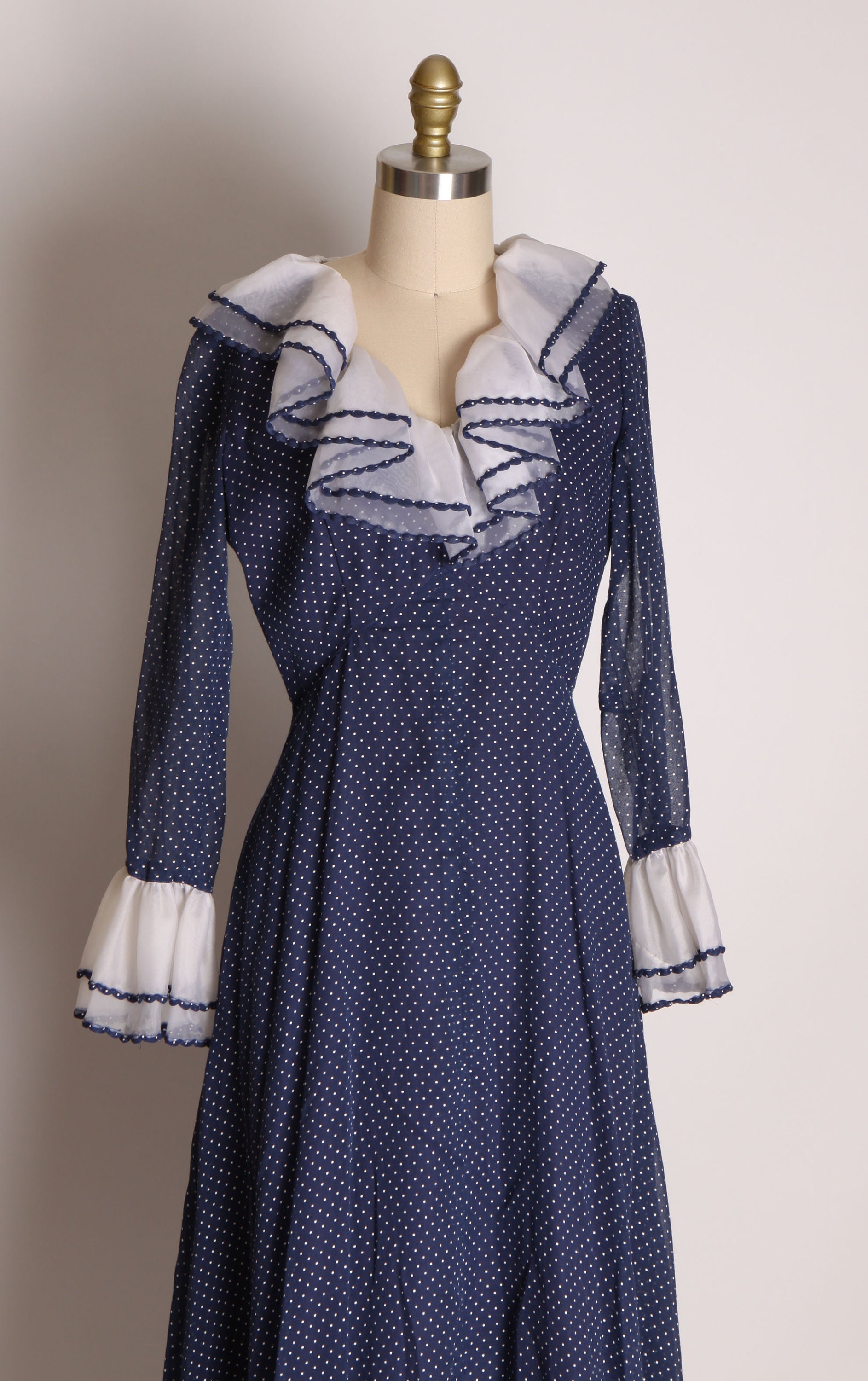 1970s Navy Dress with White Polka Dots