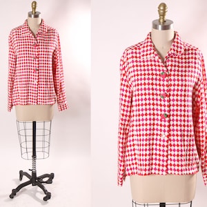 Late 1960s Early 1970s Pink, Red and White Harlequin Square Print Long Sleeve Strawberry Button Covers Blouse L image 1