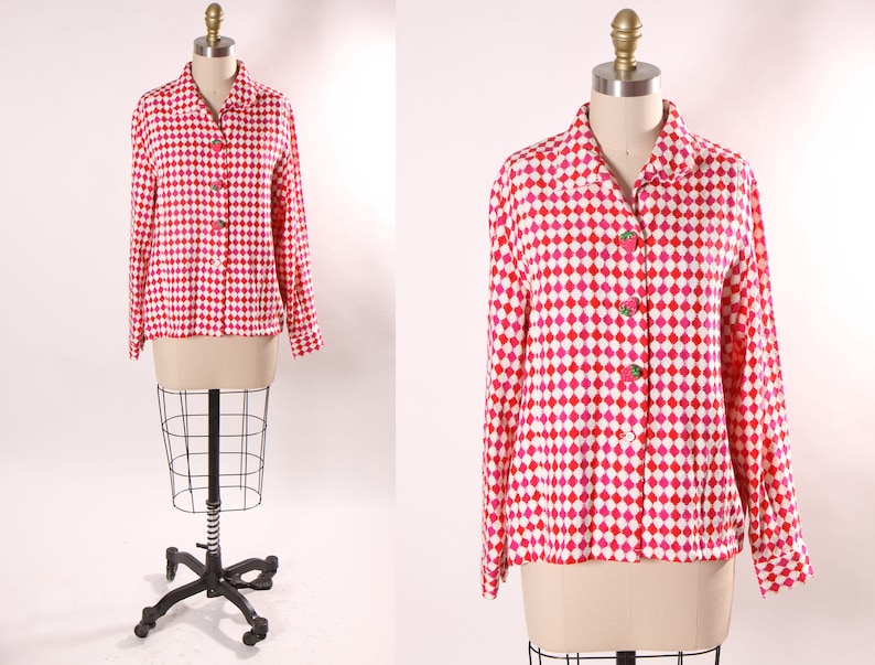 Late 1960s Early 1970s Pink, Red and White Harlequin Square Print Long Sleeve Strawberry Button Covers Blouse L image 1