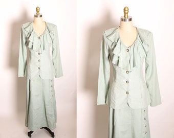 1970s 1980s Mint Green and White Polka Dot Ruffle Long Sleeve Blouse with Matching Skirt Two Piece Outfit by Fame -XS