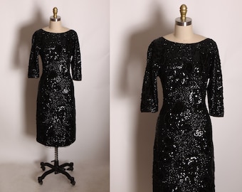 1950s Black Wool Floral Sequin 3/4 Length Sleeve Knee Length Stretch Wiggle Dress by Gene Shelly Boutique Internationale -S