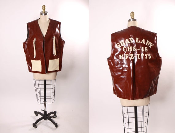 1970s 1980s Burgundy and White Vinyl Novelty Veterans Motorcycle Club Womens Western Style Gray Lady Vest -2XL