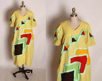 1960s Yellow, Neon Green, Red and Brown Abstract Geometric Short Sleeve Hawaiian Muu Muu Dress -2XL