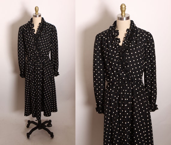 1970s Black and Cream Polka Dot Ruffle Collar V Neck Long Sleeve Dress by Lorac Original -1XL