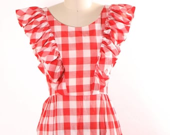 Vestido estilo pradera de cuadros vichy de los años 60 (mangas abullonadas en rojo y blanco, talla XS)