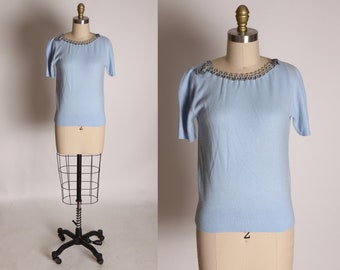 1950s Light Blue Woven Bow Neckline Short Sleeve Pullover Sweater Blouse -S