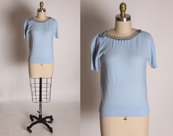 1950s Light Blue Woven Bow Neckline Short Sleeve P