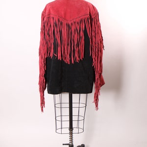 1980s Red and Black Suede Leather Fringe Long Sleeve Metal Snap Western Cowgirl Jacket Coat by Bob Mackie L image 8