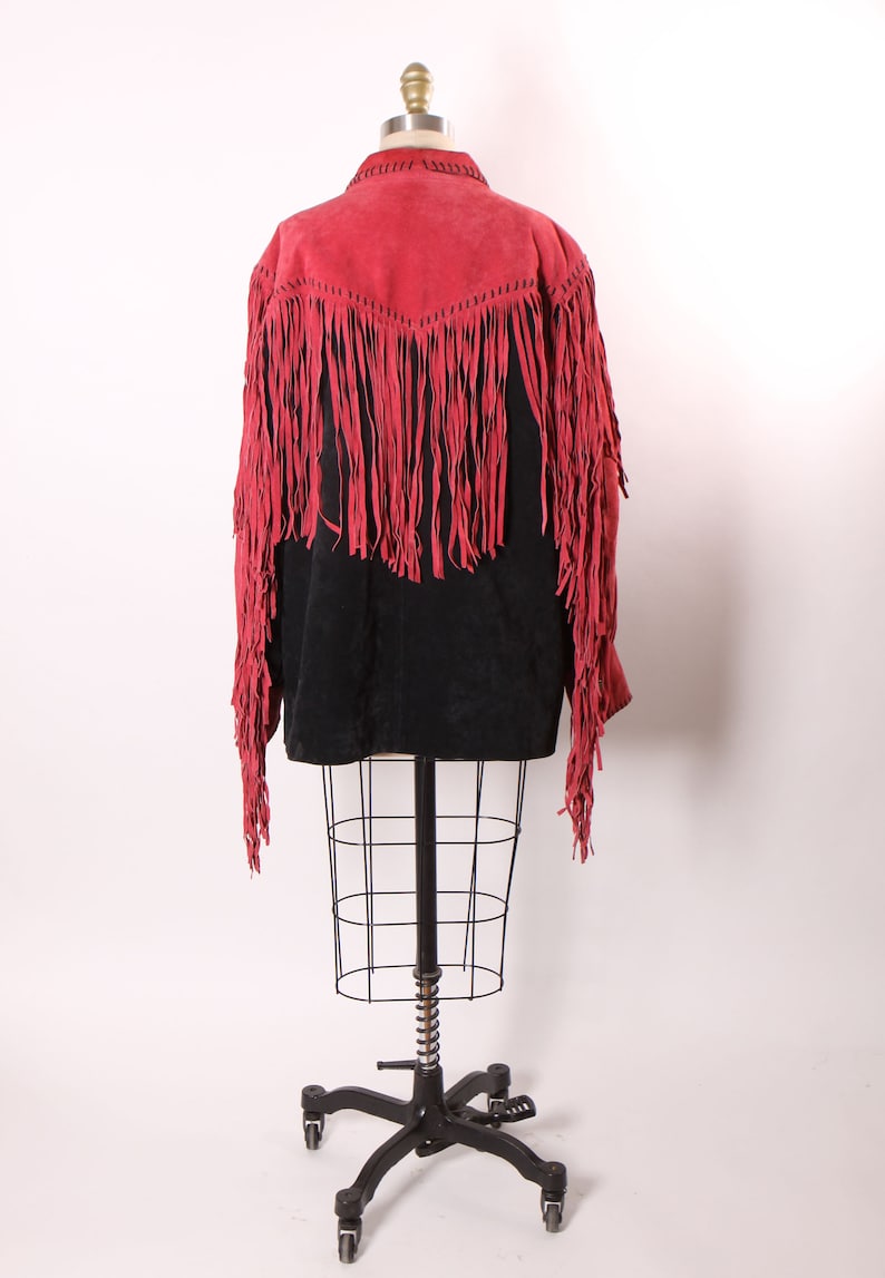 1980s Red and Black Suede Leather Fringe Long Sleeve Metal Snap Western Cowgirl Jacket Coat by Bob Mackie L image 8