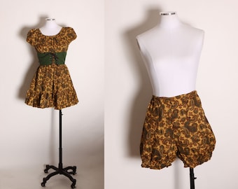 1960s Forest Green and Brown Paisley Puffy Short Sleeve Lace Up Corset Bodice Mini Dress with Matching Bloomers Renaissance Faire Outfit -XS