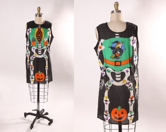 1980s Novelty Skeleton, Witch, Ghost, Cat and Jack-O-Lantern Halloween Printed Sleeveless Pullover Costume Shirt -S