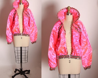 1980s Hot Pink Satin Long Sleeve Sequin Trim Deep V Neck High Collar Costume Showgirl Burlesque Top by Artstone -XL