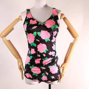 1970s 1980s Black, Pink and Green Floral One Piece Swimsuit by Maxine of Hollywood -M-L