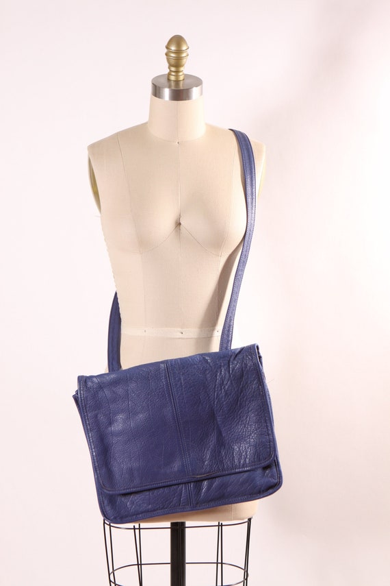 1980s Blue Leather Square Cross Body Shoulder Bag Purse