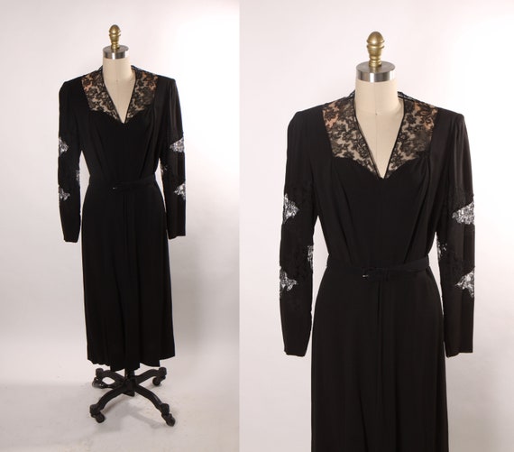 1940s Black Long Sleeve Sheer Lace Panel Spiral Below the Knee Dress -M