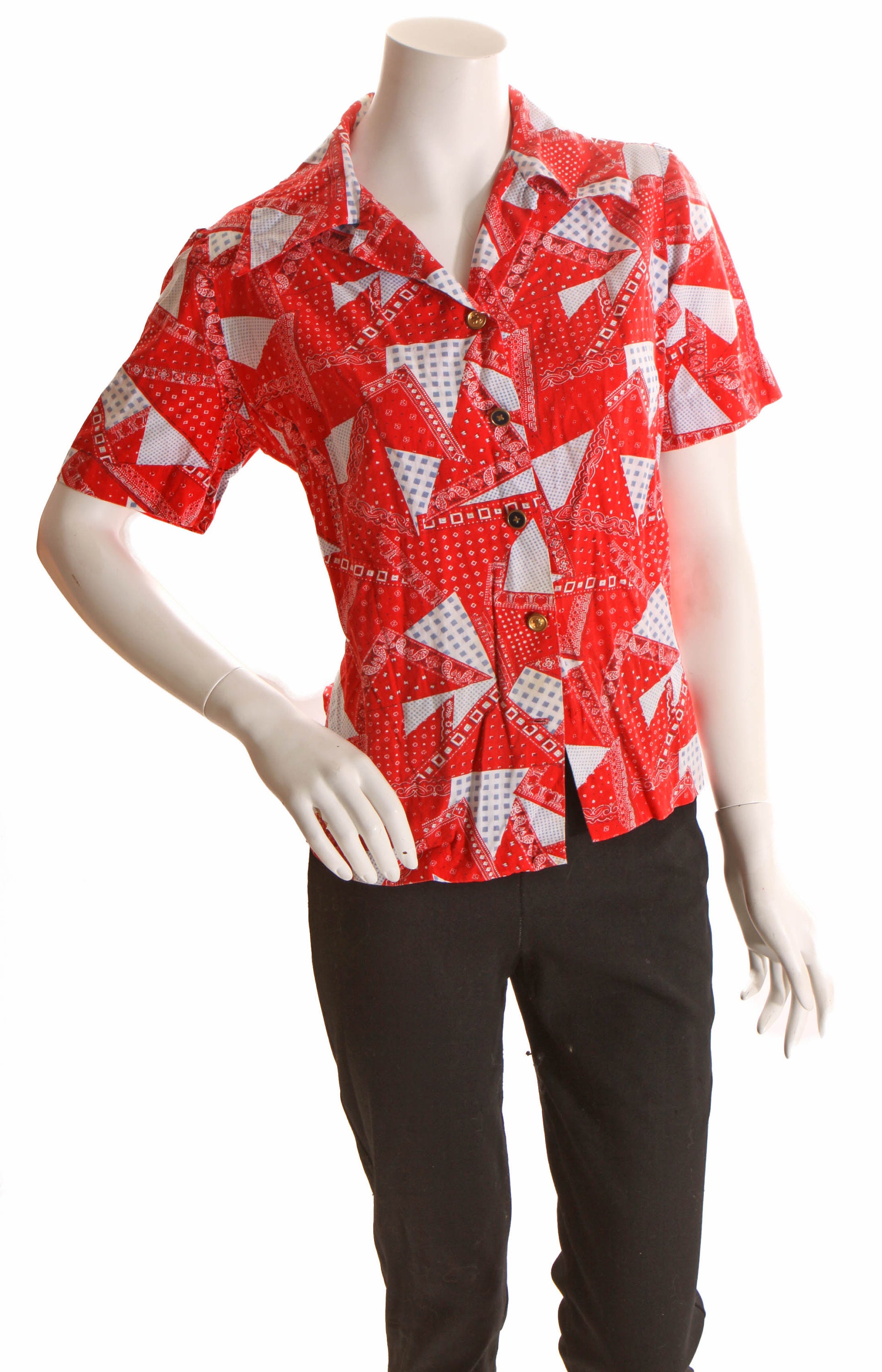 1950s Novelty Red Bandana Patchwork Button Down Shirt-XXL