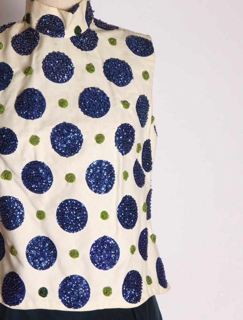 1960s White Blue and Green Oversized Polka Dot Sequin Blouse and Velvet Mini Skirt Suit Outfit XS image 6