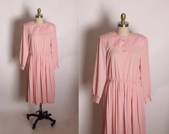 Deadstock 1970s 1980s Pink Clear Button Long Sleeve Dress by Blair -M-L