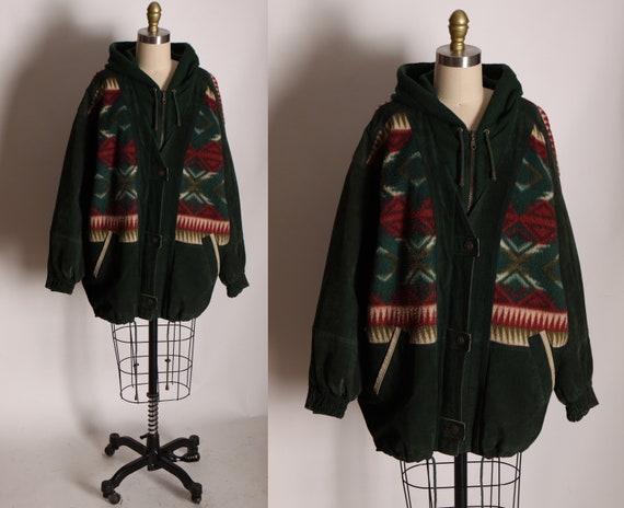 1980s Green Suede Leather and Flannel Southwestern Long Sleeve Metal Snap Zippered Coat by Authentic Winlit 1969 -XL