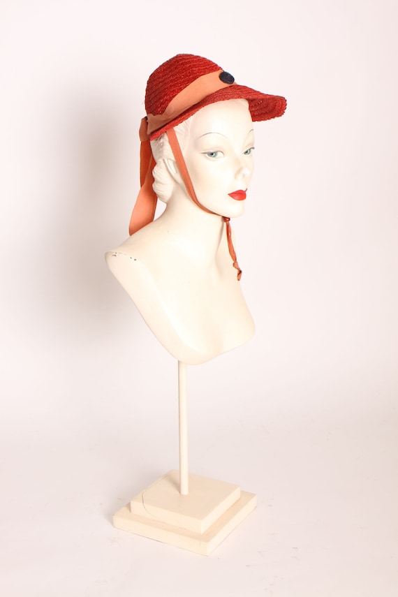1930s Tomato Red Wove Straw Bonnet Style Drawstri