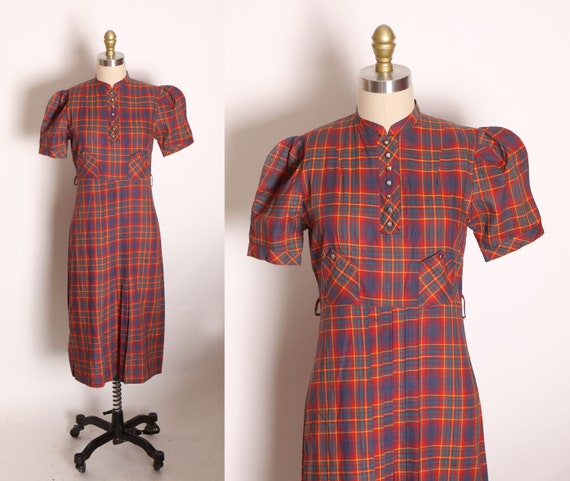 1940s Red and Green Plaid Short Sleeved Button Up Bodice Dress by A Cinderella Teen-Style Deanna Durbin
