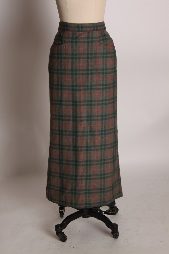 1960s Green, Red and Gray Plaid Kick Pleat Pencil… - image 2