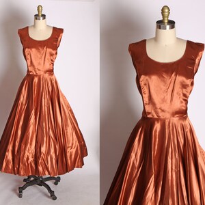 1950s Copper Bronze Brown Satin Fit and Flare Formal Dress -XS-S