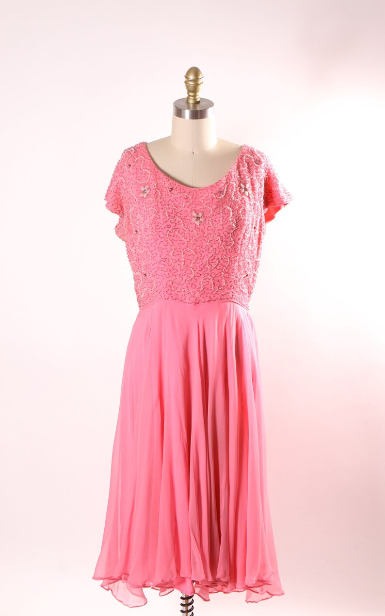 1960s Pink Short Sleeve Swirl Floral Beaded Chiffon Overlay Plus Size Volup Dress L image 2