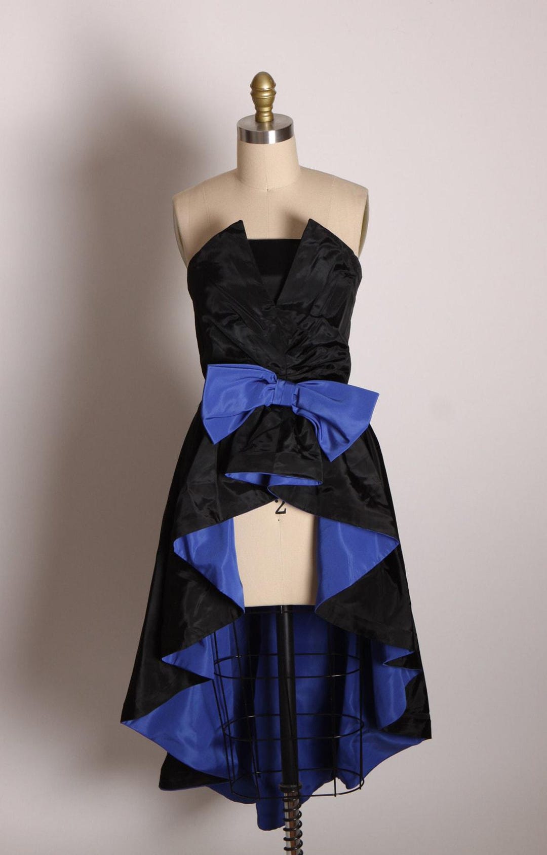 1980s Black and Blue Asymmetrical Strapless High Cut Front Hostess