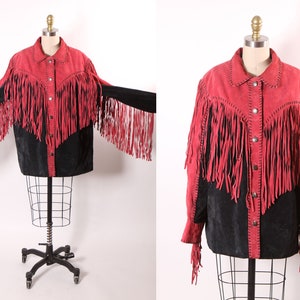 1980s Red and Black Suede Leather Fringe Long Sleeve Metal Snap Western Cowgirl Jacket Coat by Bob Mackie L image 1