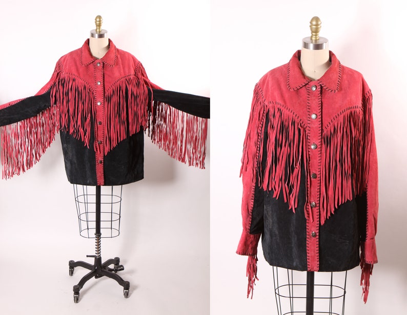 1980s Red and Black Suede Leather Fringe Long Sleeve Metal Snap Western Cowgirl Jacket Coat by Bob Mackie L image 1