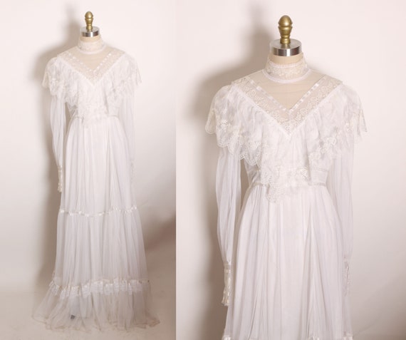 1970s White Lace Sheer Bodice Ruffle Collar Long Slee… - Gem