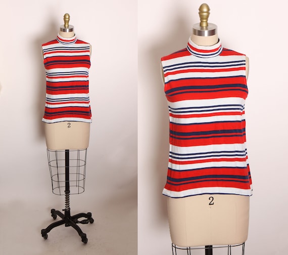 1970s Red, White and Blue Striped Sleeveless Blouse by Sears -S