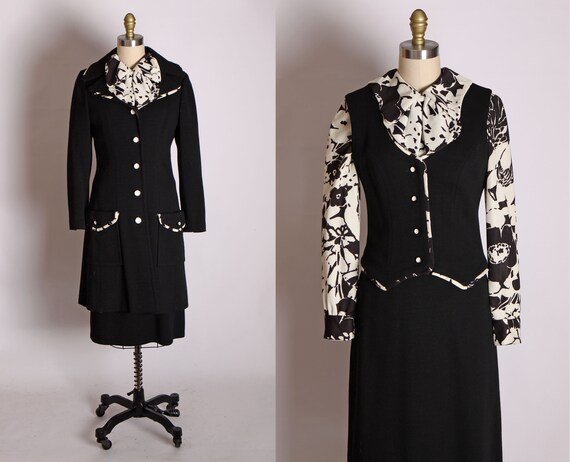 1960s Black and White Floral Print Long Sleeve Pus