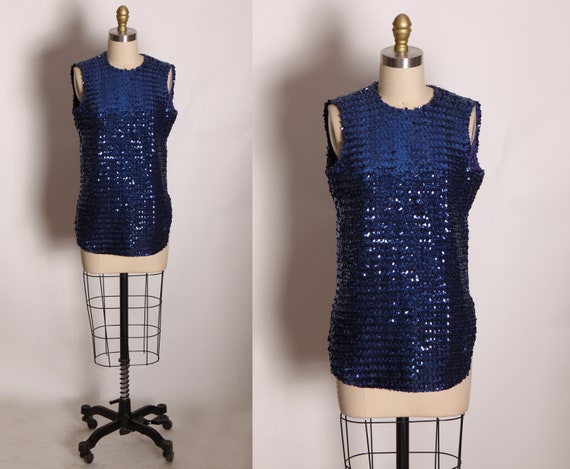 1960s Blue Sequin Sleeveless New Years Blouse -L